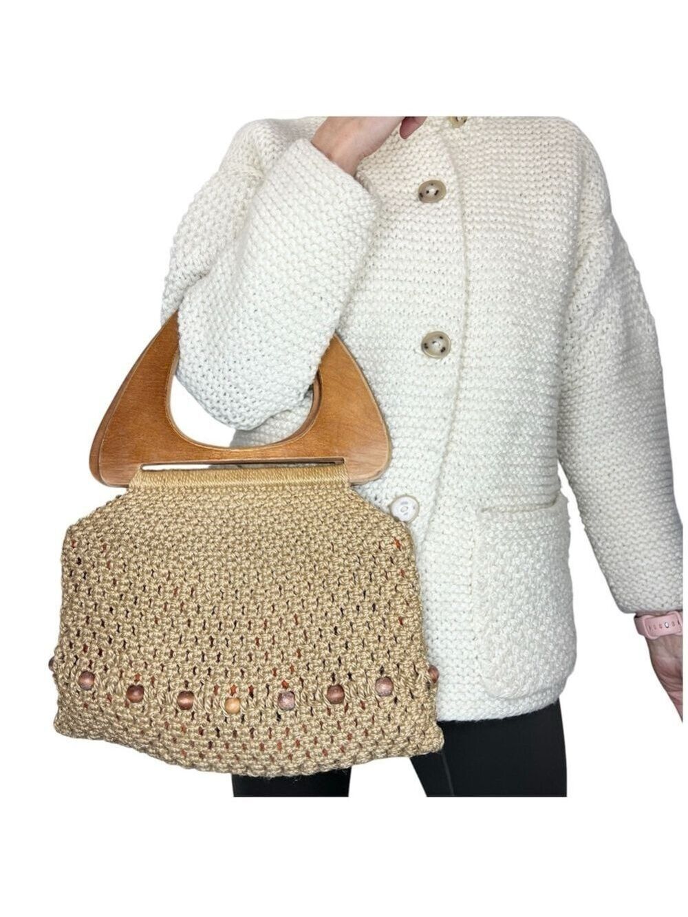 Vintage 70s boho macrame crochet real wood handle beaded tan brown hand bag